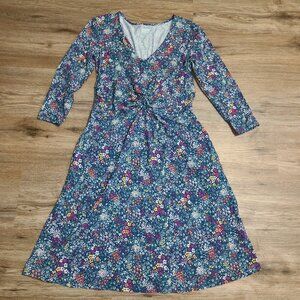 Lands' End women XS Stretch V-neck Flare Dress 3/4 sleeve Floral Scrunch Ruched